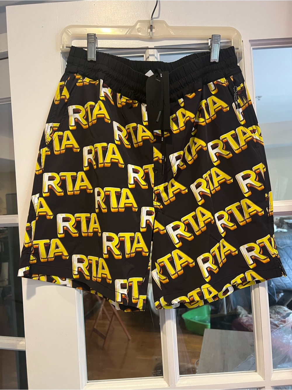 RtA Black Athletic Shorts with Yellow Logo Allover